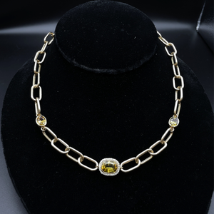 lot 24 image: 7.88 Carat Natural Chrysoberyl & Natural Diamond Halo Paperclip Chain Necklace in 14k Yellow Gold w Report $10,780 Retail