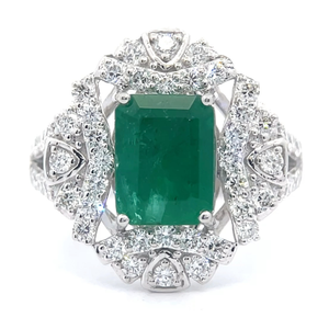 lot 25 image: NEW 3.10 Carat Oscar Friedman Natural Emerald & Natural Diamond Halo Ring in Platinum w Report $9,725 Retail VIDEO
