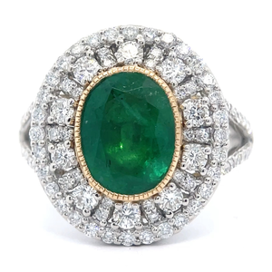 lot 27 image: 3.90 Carat Oval Natural Emerald & PavNatural Diamond Ring in Platinum & 18k Gold w Report $10,735 Retail VIDEO