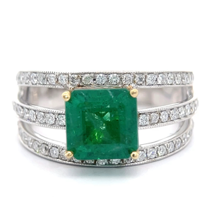 lot 31 image: 2.63 Carat Natural Emerald & Natural Diamond Triple Band Ring in 18k Two-Tone Gold w Report $7,450 Retail VIDEO