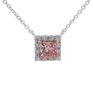 lot 14 image: NEW 0.65 Carat Fancy Pink & White Diamond Princess Halo Pendant Necklace in 14k Two-Tone Gold $2,250 Retail VIDEO