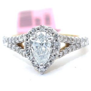 lot 40 image: NEW 1 Carat Diamond Pear Halo Pav Split Shoulder Ring in 14k Yellow Gold VIDEO