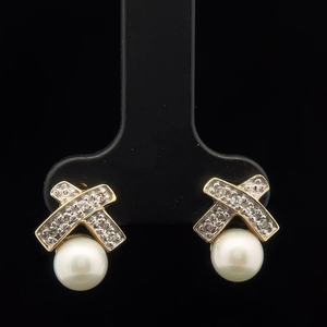 lot 52B image: White Cultured Pearl & Pav Diamond XO Drop Earrings in Yellow Gold VIDEO