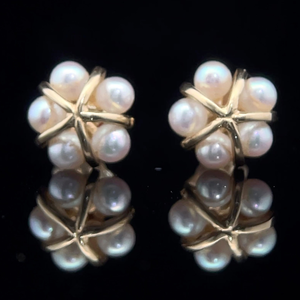 lot 53B image: White Pearl Cluster Flower Earrings in 14k Yellow Gold VIDEO
