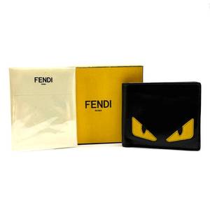 lot 42B image: Fendi Black Leather Monster Eyes Bifold Wallet with Red Interior Pre-Owned Retail $550