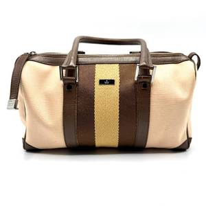 lot 22B image: Gucci Beige Canvas and Brown Leather Boston Bag with Yellow Web Stripe Pre-Owned Retail $1,050