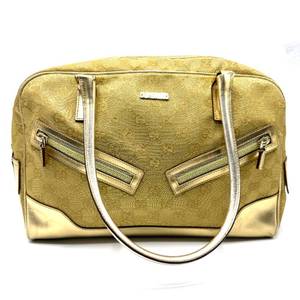lot 33C image: THE GOLDEN HANDBAG Gucci Metallic Gold GG Monogram Canvas Boston Bag with Leather Trim Pre-Owned Retail $1,150