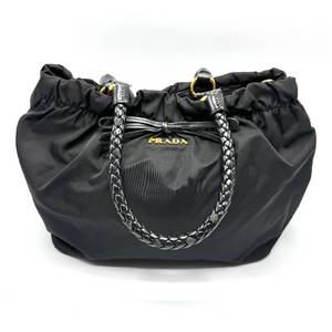 lot 22E image: Prada Black Tessuto Nylon Drawstring Tote with Braided Handles Pre-Owned Retail $1,200