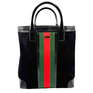 lot 11F image: Gucci Black Suede Web Stripe Vertical Tote Bag  Pre-Owned Retail $1,250
