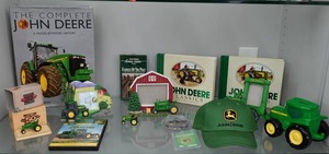 lot 342 image: Assorted John Deere Collectibles - Frames, Books, Pin, Bank