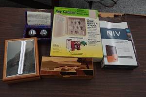 lot 397 image: Assorted Homegoods - Key Cabinet, Wood Storage Boxes, Bible