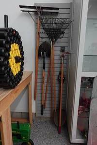 lot 198 image: Assorted Rakes, Shovels and Floor Squeegees