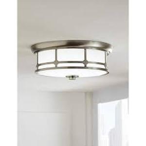 lot 3 image: Hampton Bay Portland Court 14 in. 1-Light Brushed Nickel LED Flush Mount Ceiling Light with Etched White Glass Customer Returns See Pictures
