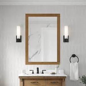lot 4 image: Home Decorators Collection Bellington 28 in. W x 40 in. H Rectangular Framed Wall Mount Bathroom Vanity Mirror in Almond Latte  Customer Returns See Pictures