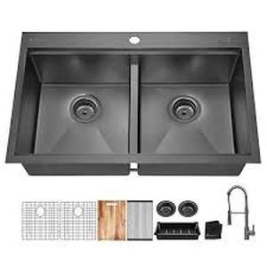 lot 5 image: Glacier Bay 33 in Drop-In Double Bowl 18 Gauge Gunmetal Black Stainless Steel Workstation Kitchen Sink with Black Spring Neck Faucet   Customer Returns See Pictures