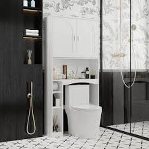 lot 34 image: FUFU&GAGA 31.5 in. W x 66.9 in. H x 9.8 in. D White Over The Toilet Storage Bathroom Space Saver with Doors Cabinet, Open Shelves Customer Returns See Pictures