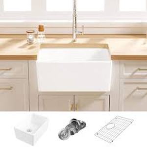 lot 8 image: Eridanus Denbigh Crisp White Ceramic 24 in. Single Bowl Farmhouse Apron Kitchen Sink with Bottom Grid and Basket Strainer  Customer Returns See Pictures