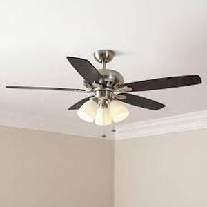 lot 5 image: Hampton Bay Rockport 52 in. Indoor LED Brushed Nickel Ceiling Fan with Light Kit, Downrod, Reversible Blades and Reversible Motor  Customer Returns See Pictures