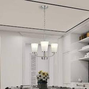 lot 24 image: Lot of Hampton Bay Helena 19 in 3-Light Brushed Nickel Hanging Chandelier with Frosted Glass Shades for Dining Room Customer Returns See Pictures
