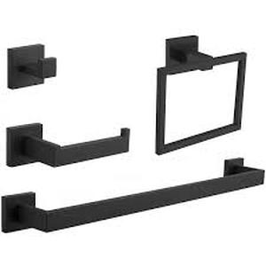 lot 28 image: BWE 4-Piece Bath Hardware Set Black Bathroom Accessories with towel bar Toilet Paper Holder Towel Ring in Matte Black  Customer Returns See Pictures