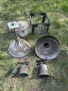 lot 54 image: Mixed Vintage Lot - Metal Dairy Tote, Blow Torches, Lights