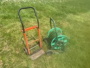 lot 208 image: Moving Cart & Garden Hose Reel & Hose