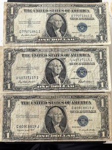 lot 26 image: 1935 E,F,G Blue Seal $1 Dollar Silver Certificates