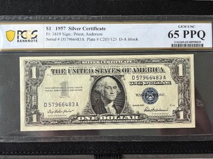 lot 35 image: 1957 Blue Seal $1 Dollar Silver Certificate PCGS Gem Uncirculated 65