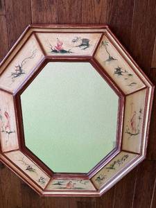 Vintage Octagonal Hand-Painted Mirror with Asian-Inspired Design