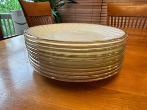 lot 15S image: Set of 12 Vintage Fire King White Milk Glass Swirl Dinnerware Plates with Gold Rim