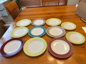 lot 16S image: Set of 12 Vintage Pyrex Milk Glass Plates Wide Color Band Multicolor Ceramic Dinner Plates