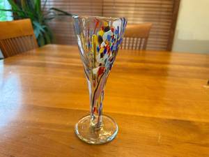 lot 17S image: Hand-Blown Murano-Style Confetti Glass Signed Stemmed Glassware  Vase with Colorful Swirl Pattern