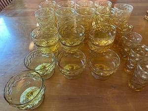 lot 31S image: Set of 20 Vintage Anchor Hocking Lido Milano Amber Glass Tumblers and Dessert Cups
