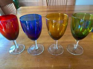 lot 35S image: Set of 4 Vibrant Marshall Fields Dark Iridescent Colored Glass Goblets
