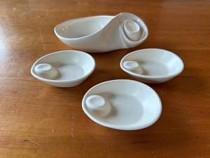 lot 42S image: Set of 4 Unique Vintage Handcrafted White Abstract Candle HolderPlanter and Ceramic Dishes  Ashtrays with Signature