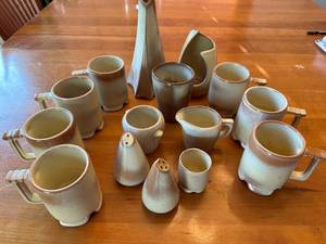 lot 50S image: Vintage Frankoma Plainsman Gold Stoneware Pottery Set with Mugs, Pitchers, and Salt Shakers - 14 Pieces
