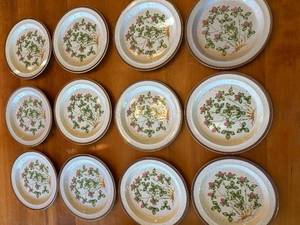 lot 51S image: Set of 12 Vintage Wildflower Speckled Stoneware Salad Plates Sweet Clover No 205 Japan