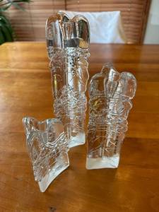 lot 57S image: Set of 3 Glasslight Studio Textured Clear Glass Melting Ice Candle Holders by Joel and Candace Bless Glass Artists
