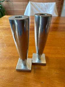 lot 59S image: Pair of Miceal Graves Lumina 8 Polished Aluminum Candle Holders