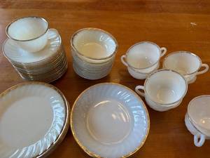 lot 68S image: Set of Vintage Gold Rimmed White Dinnerware including Plates and Cups