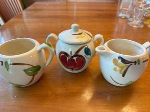 lot 69S image: Vintage Puritan Pottery Ivy Blossom Cream and Sugar with Lid and Puritan Pottery Apple Dear SugarNo Lid