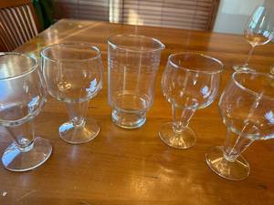 lot 70S image: Set of 4 Vintage Anchor Hocking Hollow Stem Beer Stout Glass Goblets with and One Vintage Princess House Martini Cocktail Pitcher Etched Pattern