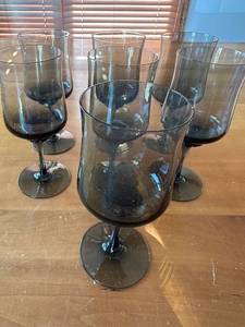 lot 73S image: Set of 7 Vintage Royal Prestige Smoke Gray Wine Glasses