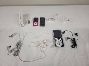 lot 5G image: Lot of 3 Apple iPods with Accessories - Pink and Black iPod Nano, Silver iPod Shuffle