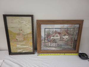 lot 11G image: Pair of Framed Artwork Cottage Scene and Victorian Lady