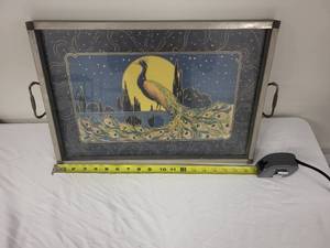 lot 12G image: Vintage Metal Serving Tray with Peacock Design