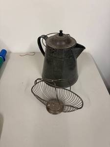 lot 46G image: Vintage Metal Coffee Pot and Wire Basket Set