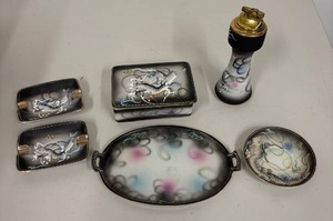 6-Piece Hand-Painted Japanese Moriage Dragonware  Smoking Set with Dragon Motif