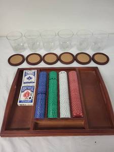 lot 74G image: Deluxe Poker and Blackjack Set with Glasses, Coasters, and Chip Holder