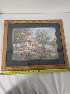 lot 76G image: Framed Cottage Landscape Painting with Oak Frame